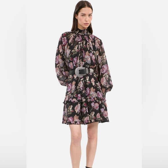 NWT $545 The Kooples Romantic Flowy Floral Black Mini Dress in English Roses - Picture 1 of 7